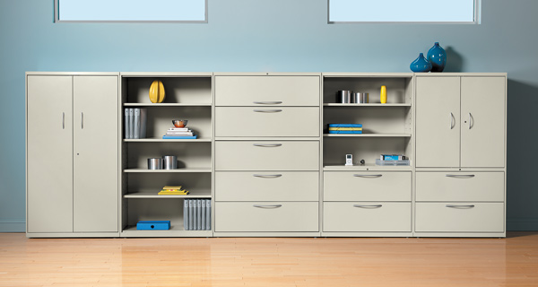 filing cabinets and bookshelves
